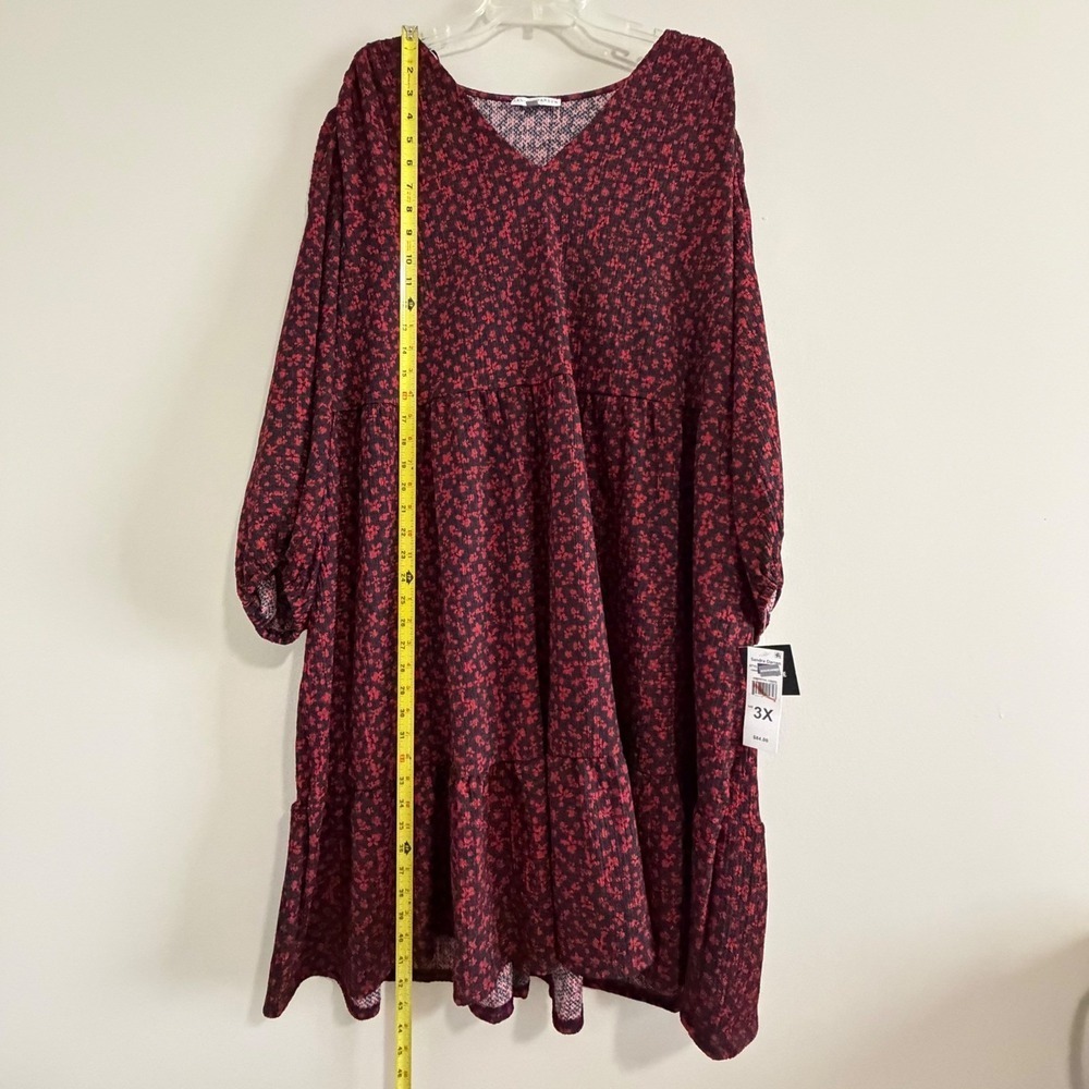 Sandra Darren Red Black Floral Crepe Tiered V-Neck boho cottagecore Dress 3X - Picture 10 of 12